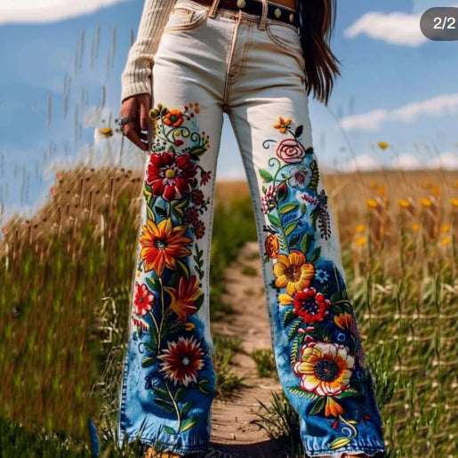 Chic Floral Printed Jeans